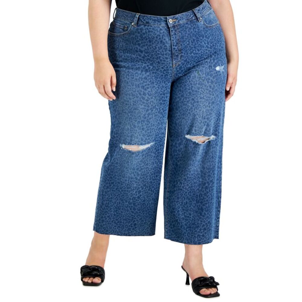 INC International Concepts Plus Size Cheetah Print Destructed Wide Leg Jeans
